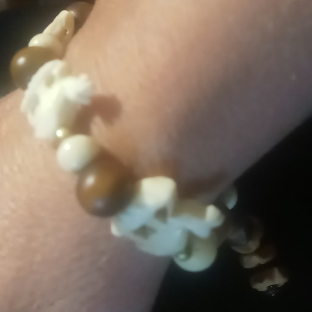 Coral and carved camel and wooden and coral beaded bracelet ex. lg. Unisex